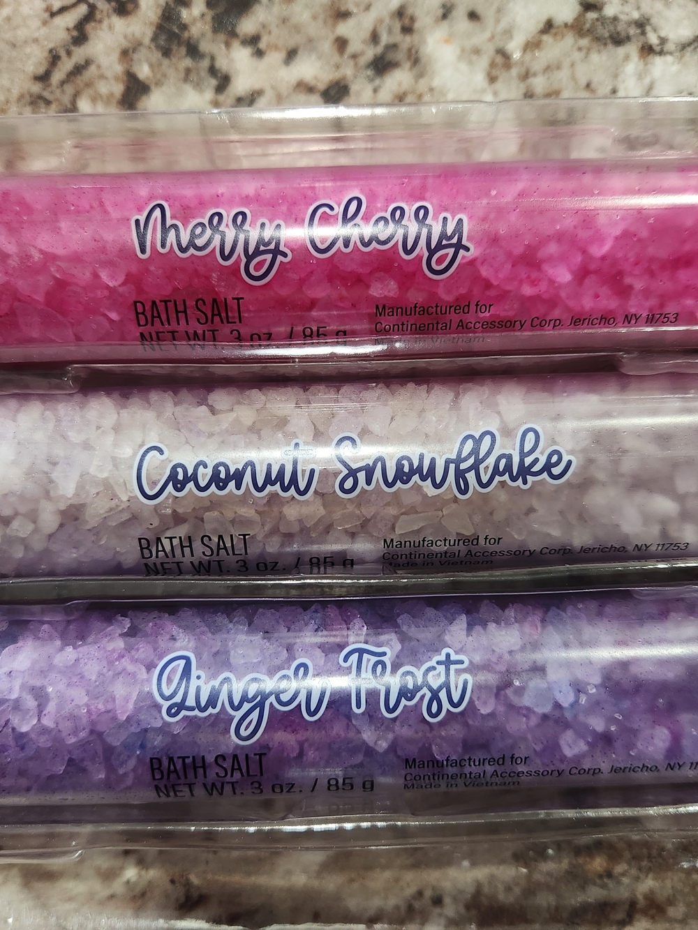 3 Bath Salts – Merry Cherry, Ginger Frost, Coconut Snowflake